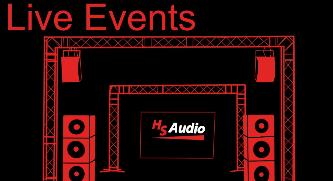 Abstrakte, rot skizzierte Buehne mit HS Audio Logo in der Mitte
